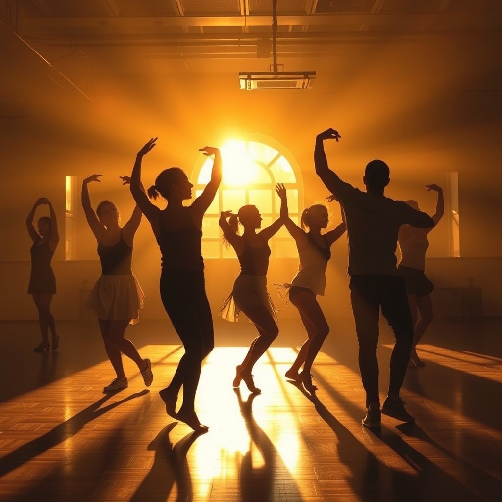Dance academy, golden hour lighting, warm tones, atmospheric
