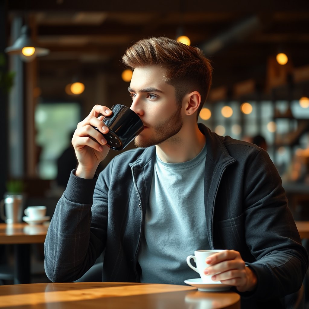 a young man is drinking coffee in a cafe, soft natural light, shallow depth of field, bokeh