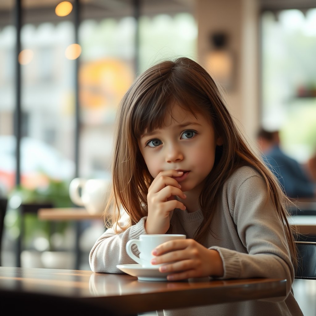 a young girl is drinking coffee in a cafe, soft natural light, shallow depth of field, bokeh