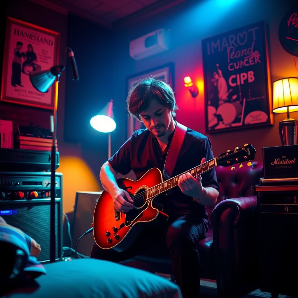 a musician playing guitar in a cozy room, cinematic lighting, vibrant colors, dramatic atmosphere