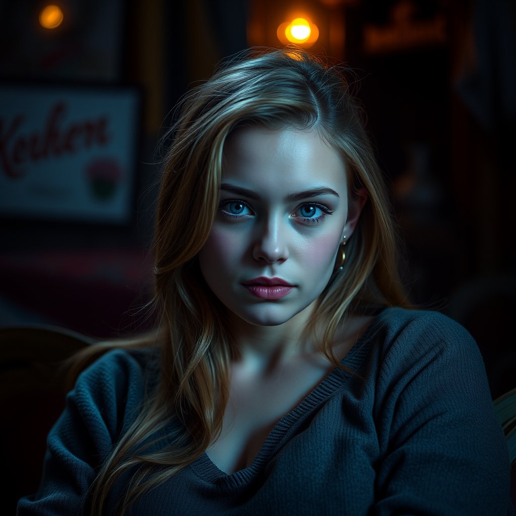 девушка в кафе пьет кофе, cinematic lighting, vibrant colors, dramatic atmosphere