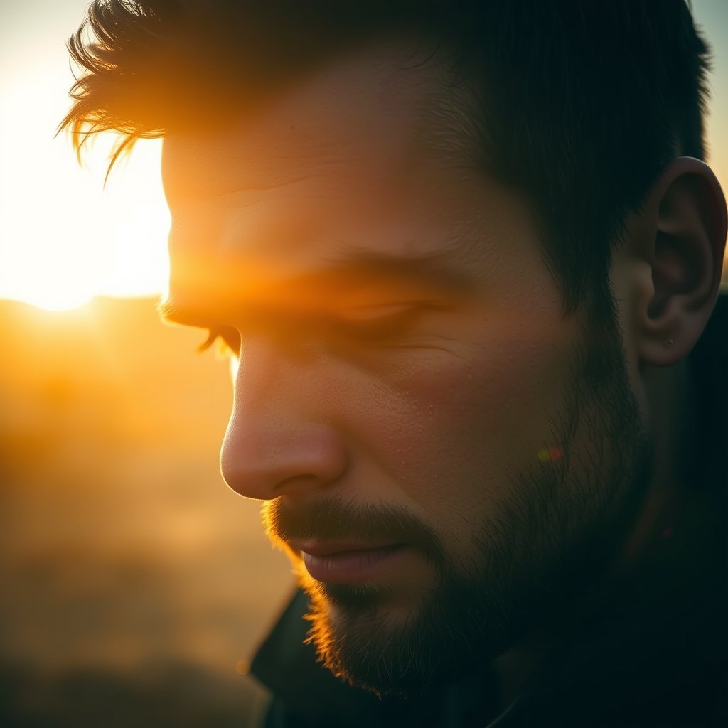 Man, tears on the face, golden hour lighting, warm tones, atmospheric