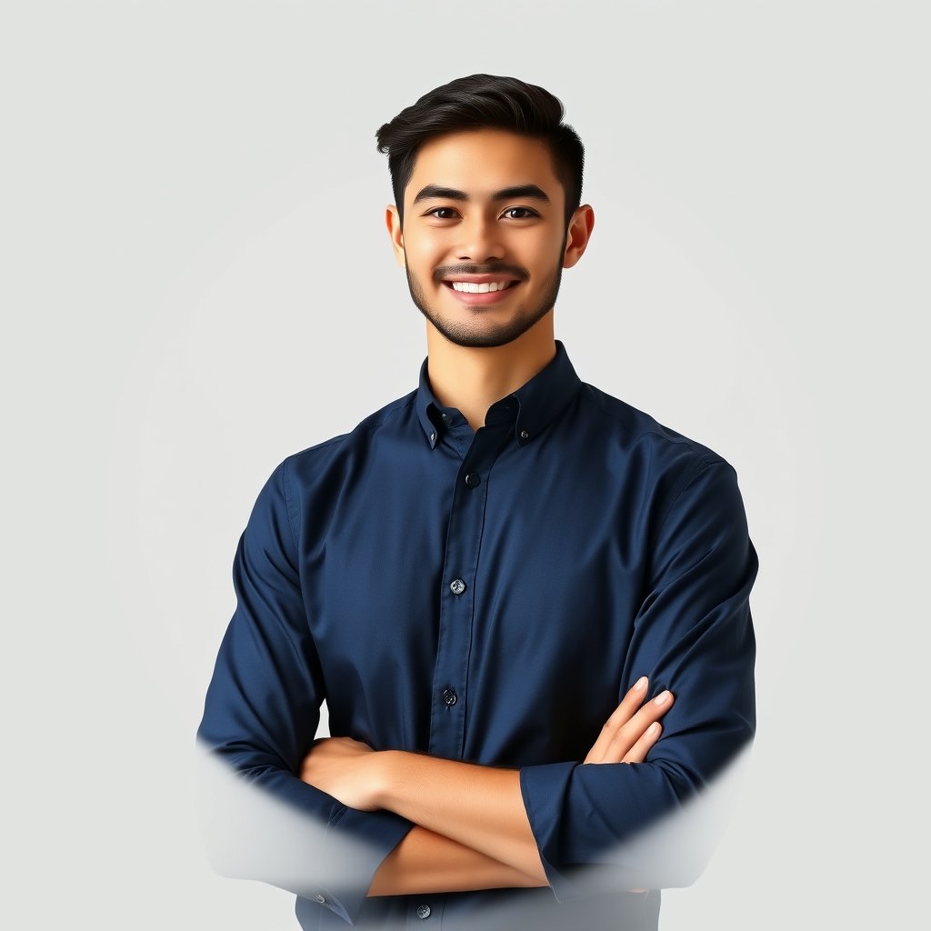 A professional male bakery administrator, young adult, wearing an elegant navy blue button-up shirt, friendly and confident expression, neat appearance, professional headshot, facing the camera, clean light background, realistic photography, soft natural lighting, modern bakery management style, suitable for a business mobile app profile avatar, centered portrait, circular avatar composition., highly detailed, 8k, professional photography, sharp focus