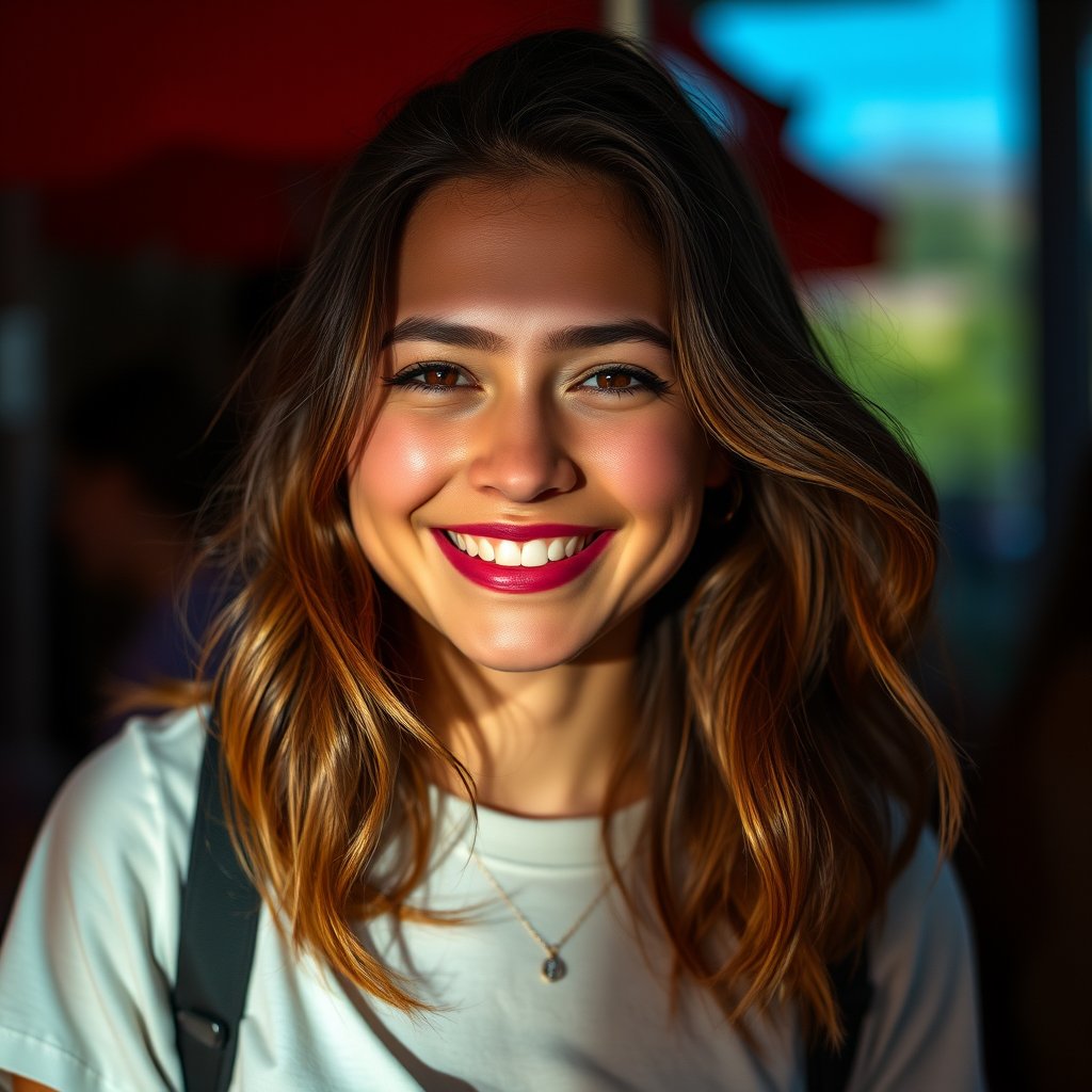 a candid portrait of a smiling young woman in natural light, cinematic lighting, vibrant colors, dramatic atmosphere