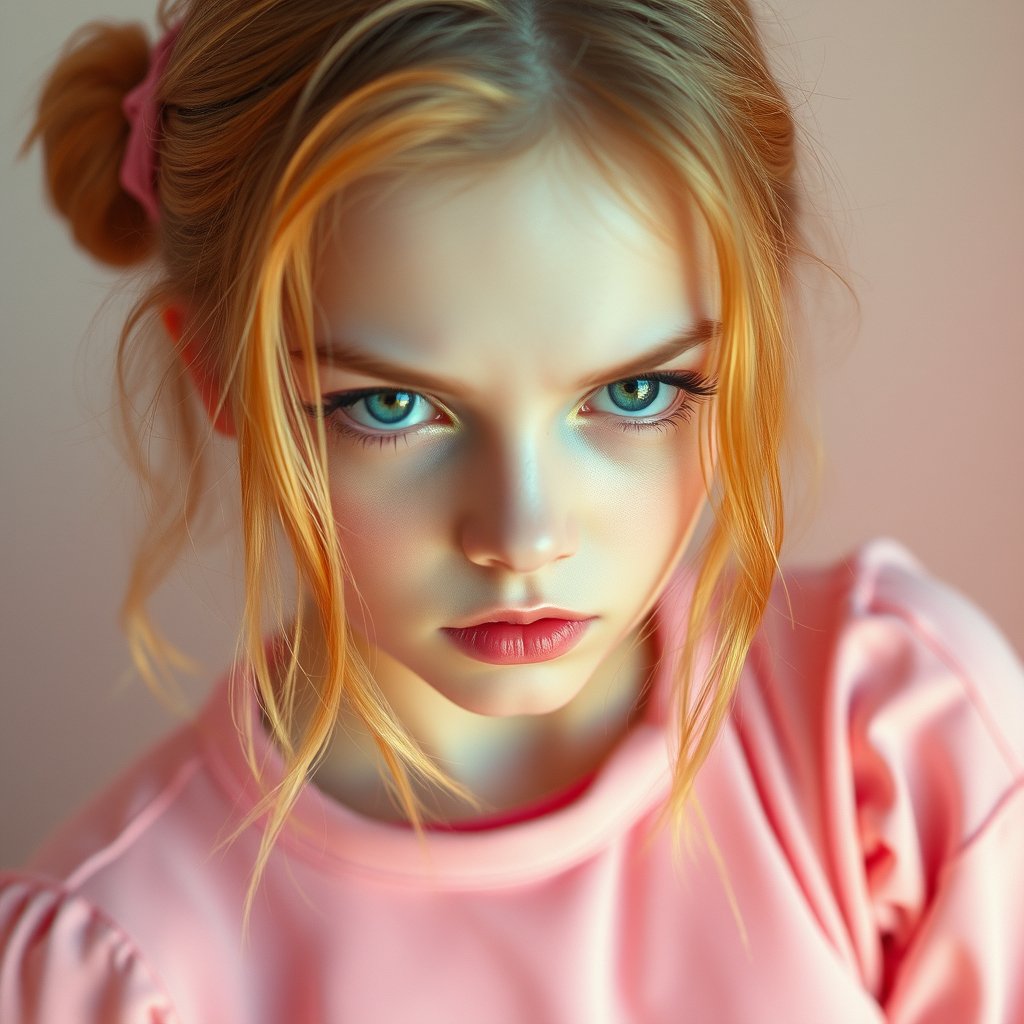 angry girl, bright and airy, pastel tones, dreamy aesthetic