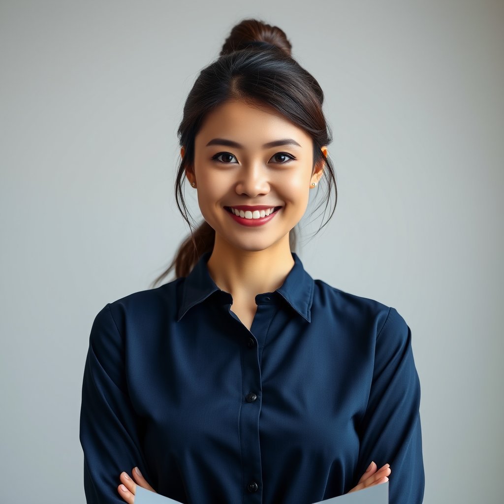 A professional female bakery administrator, young adult, wearing an elegant navy blue blouse, friendly and confident expression, neat appearance, professional headshot, facing the camera, clean light background, realistic photography, soft natural lighting, modern bakery management style, suitable for a business mobile app profile avatar, centered portrait, circular avatar composition., moody lighting, high contrast, fine art photography
