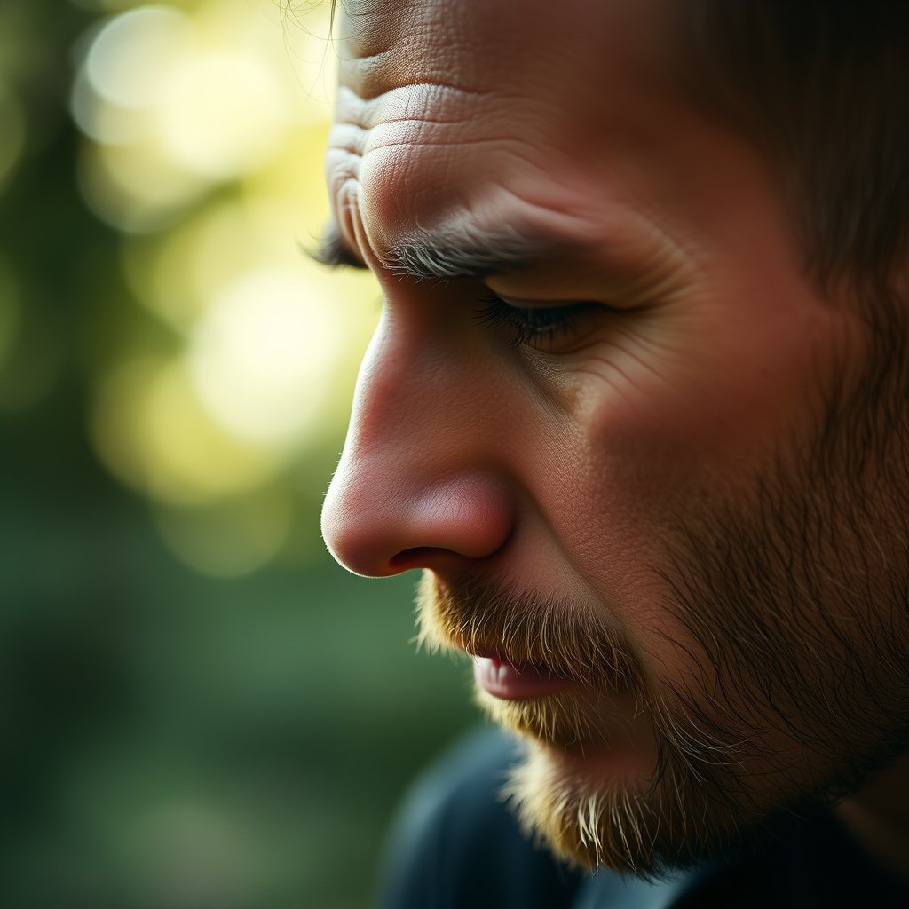 Man, tear on the face, soft natural light, shallow depth of field, bokeh