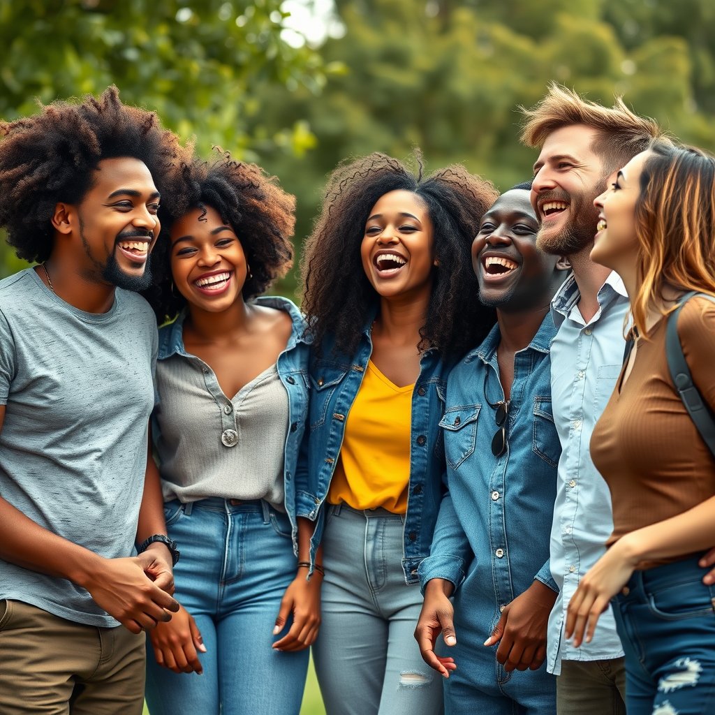 a group of diverse friends laughing together outdoors, ultra realistic, crisp details, studio quality