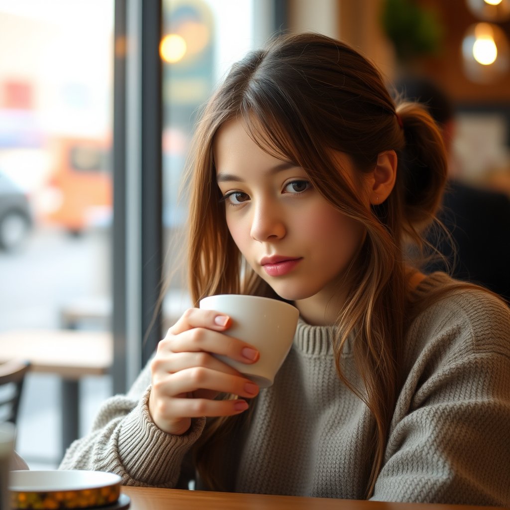 a girl 25 e.o. is drinking coffee in a cafe photo, soft natural light, shallow depth of field, bokeh