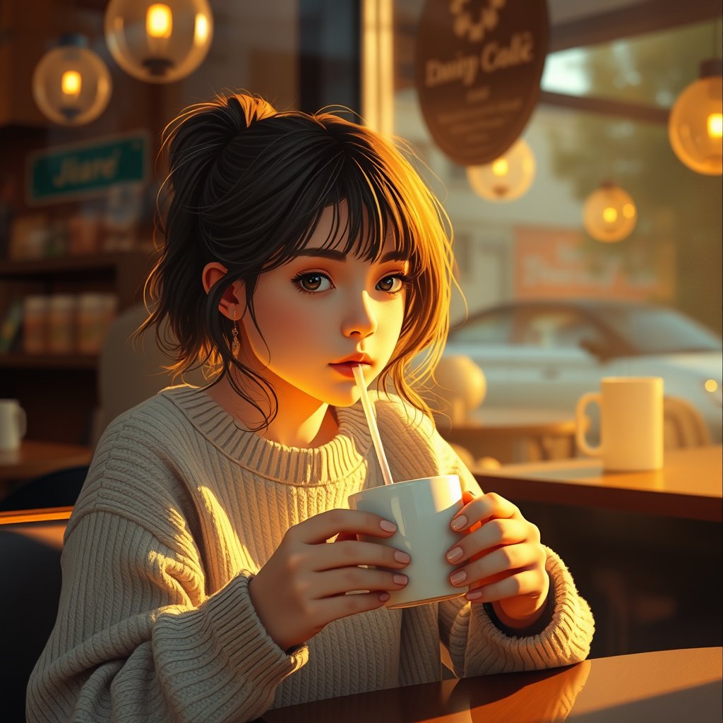 a young girl 45 e.o. is drinking coffee in a cafe, golden hour lighting, warm tones, atmospheric