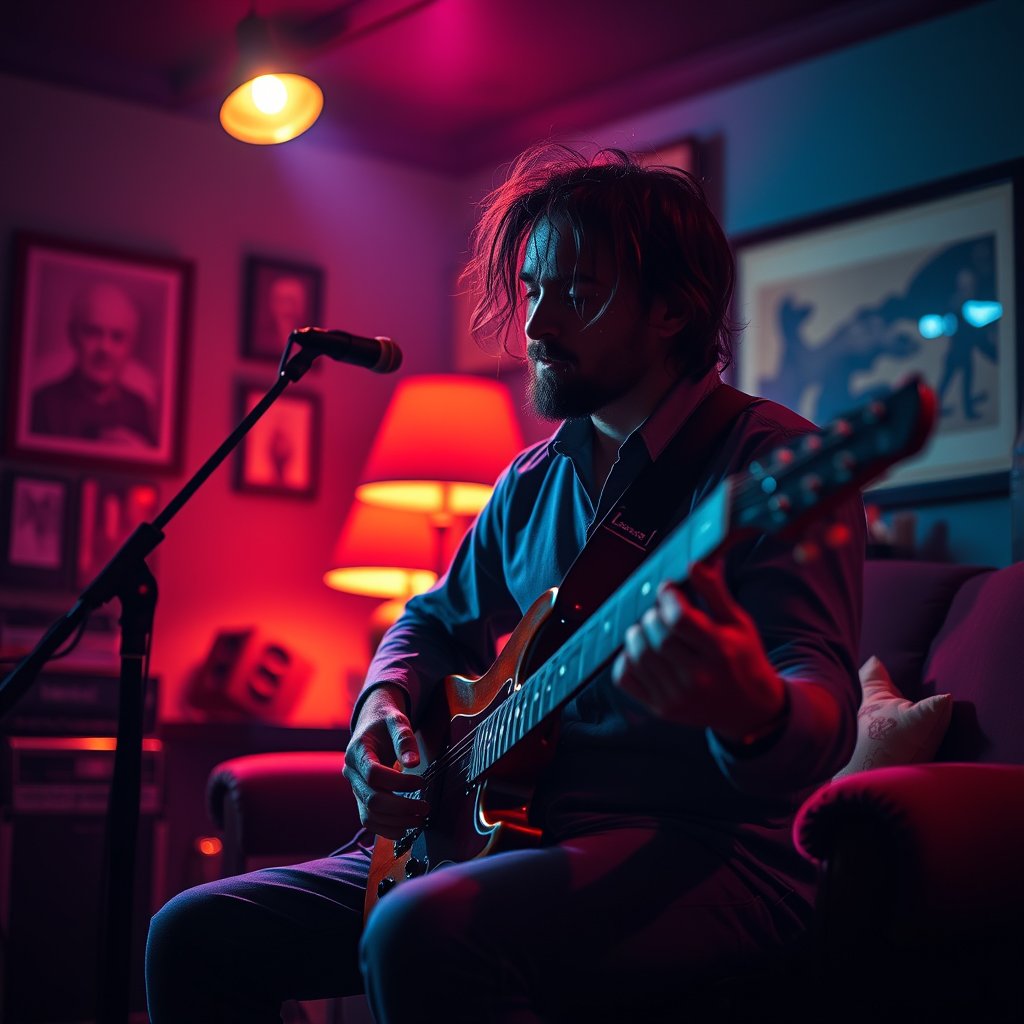a musician playing guitar in a cozy room, cinematic lighting, vibrant colors, dramatic atmosphere