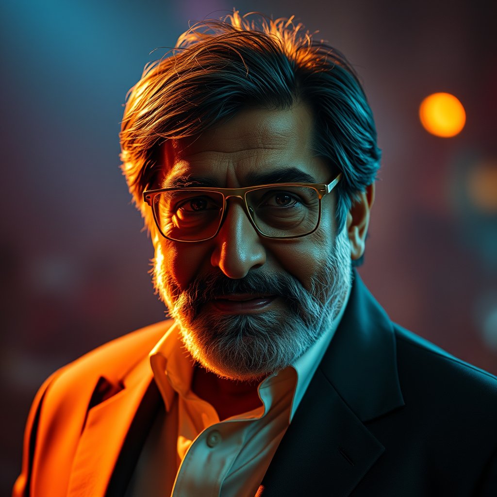 amitabh bachan, cinematic lighting, vibrant colors, dramatic atmosphere