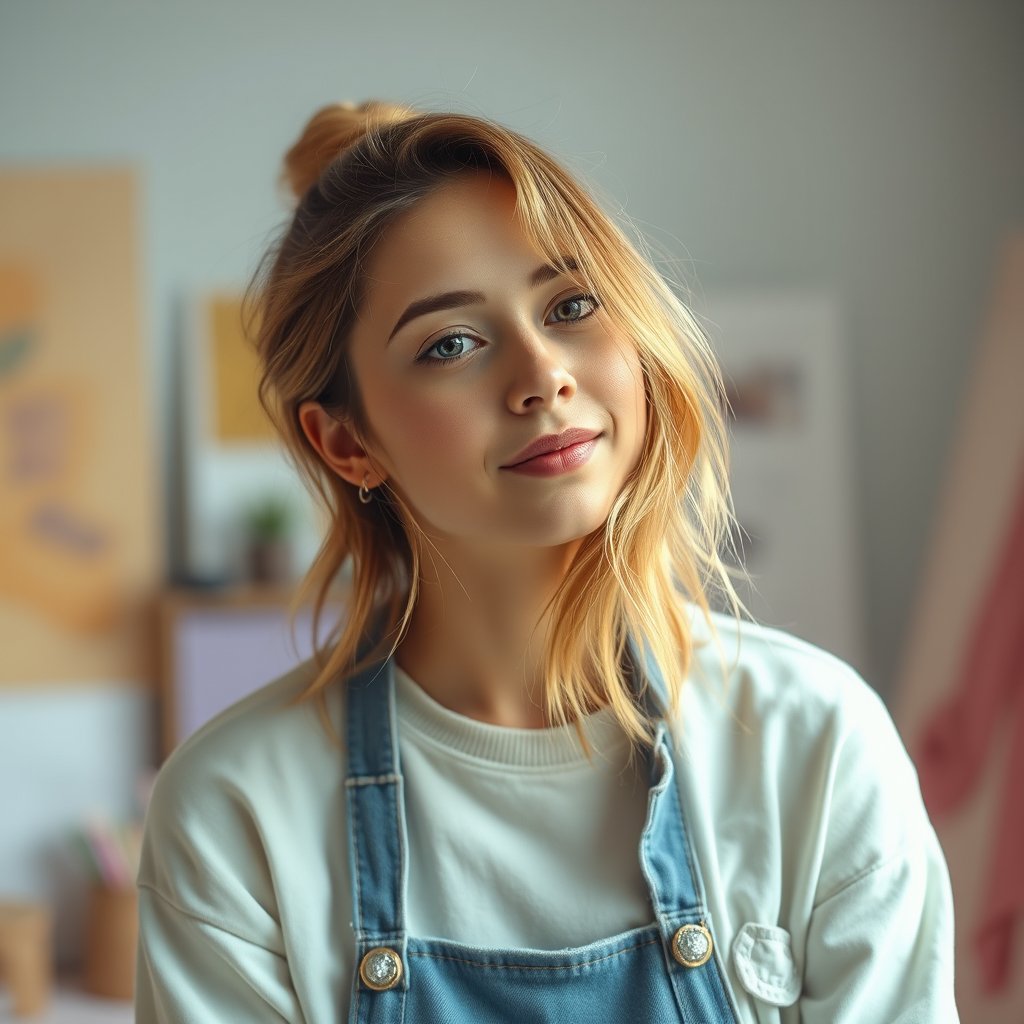 a professional portrait of a creative artist in a studio, bright and airy, pastel tones, dreamy aesthetic