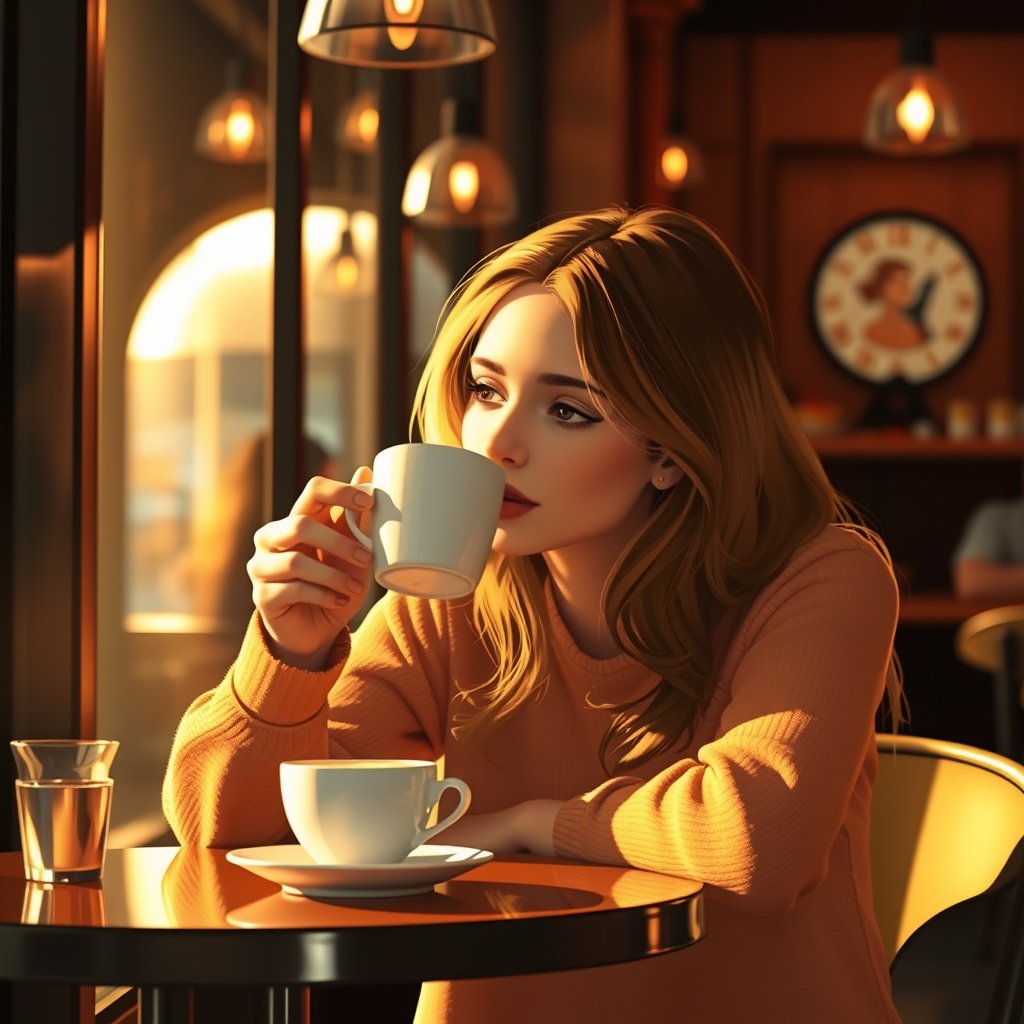 a girl 45 e.o. is drinking coffee in a cafe, golden hour lighting, warm tones, atmospheric