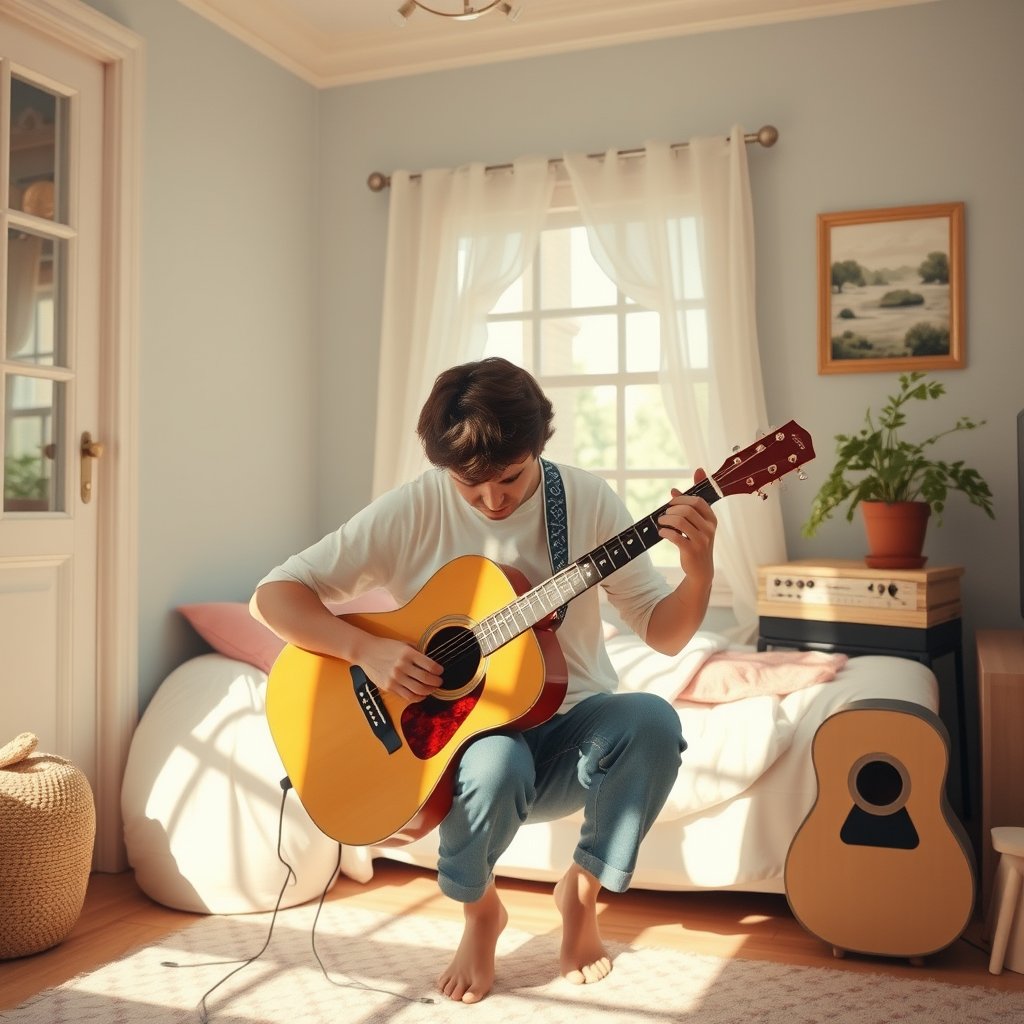 a musician playing guitar in a cozy room, bright and airy, pastel tones, dreamy aesthetic