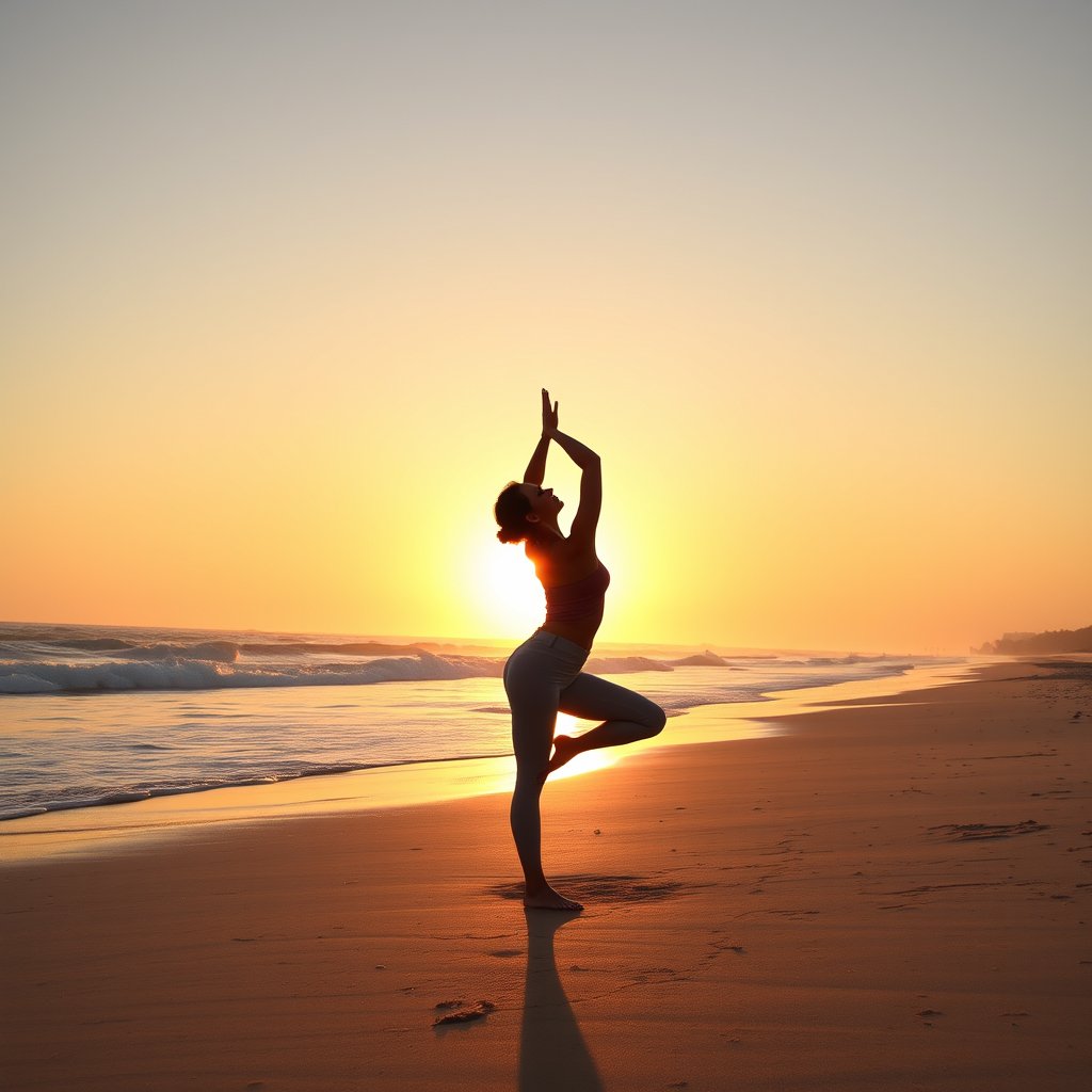 a person doing yoga on a beach at sunrise, golden hour lighting, warm tones, atmospheric