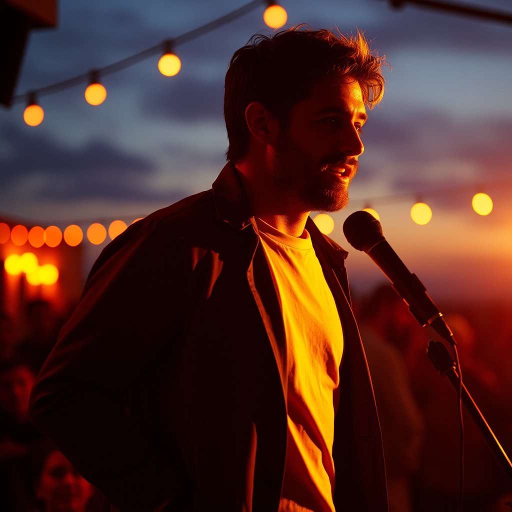 standup comedy, golden hour lighting, warm tones, atmospheric