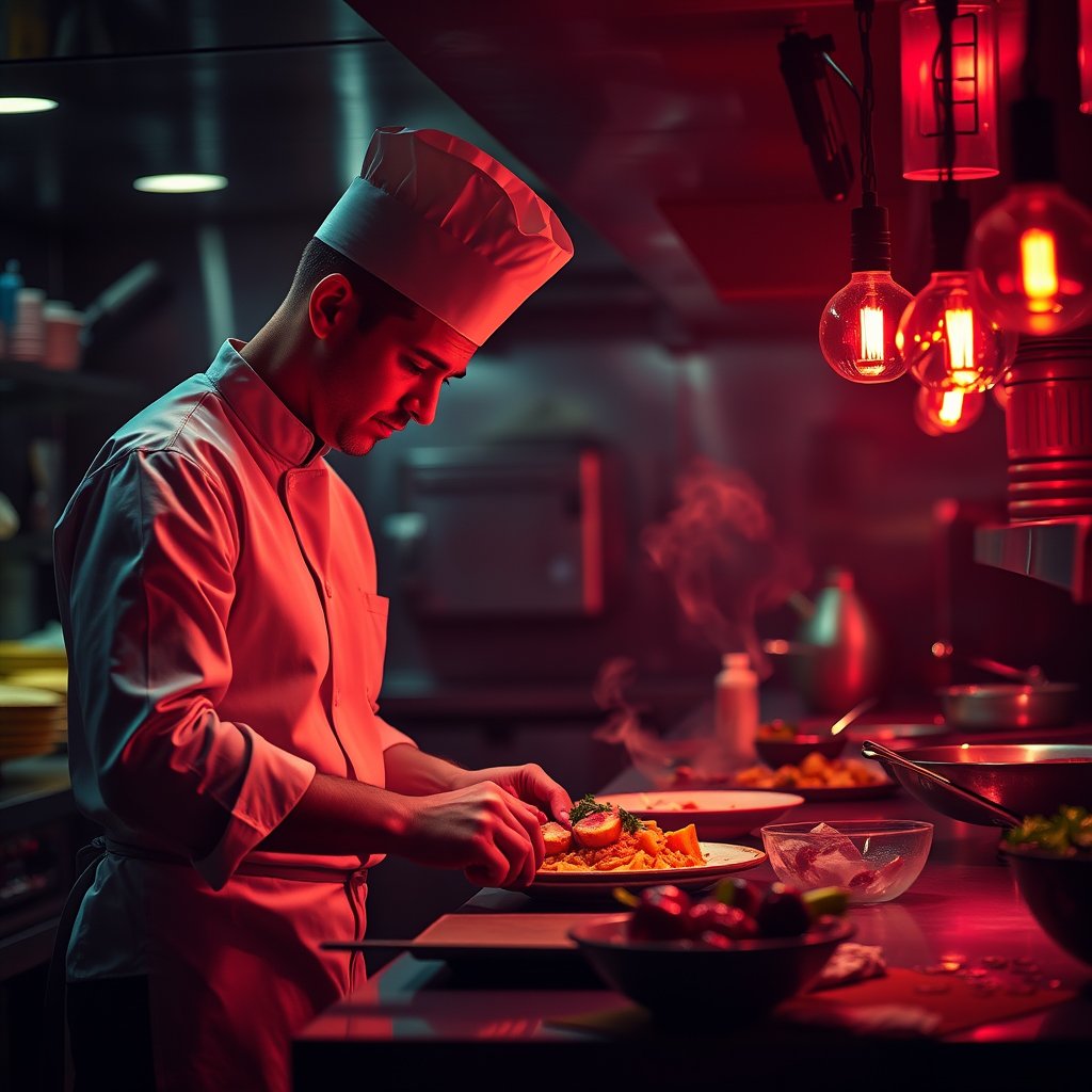 a chef preparing food in a professional kitchen, cinematic lighting, vibrant colors, dramatic atmosphere