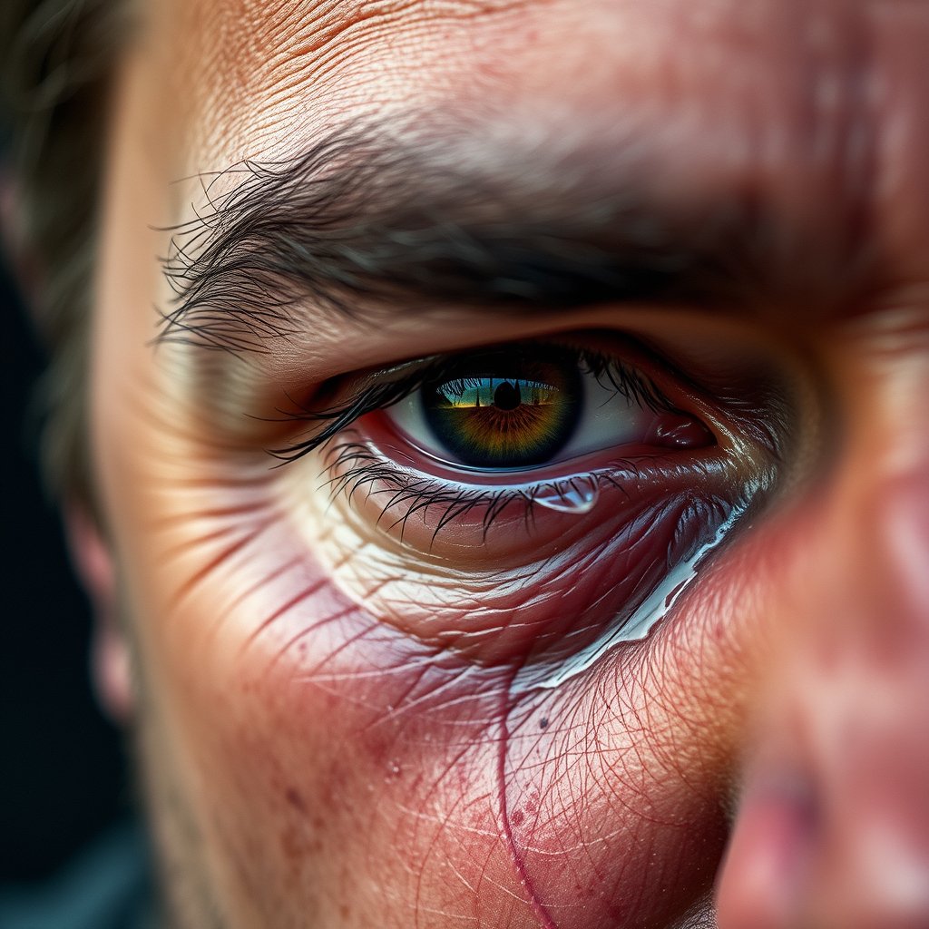 Man, tear on the face, highly detailed, 8k, professional photography, sharp focus