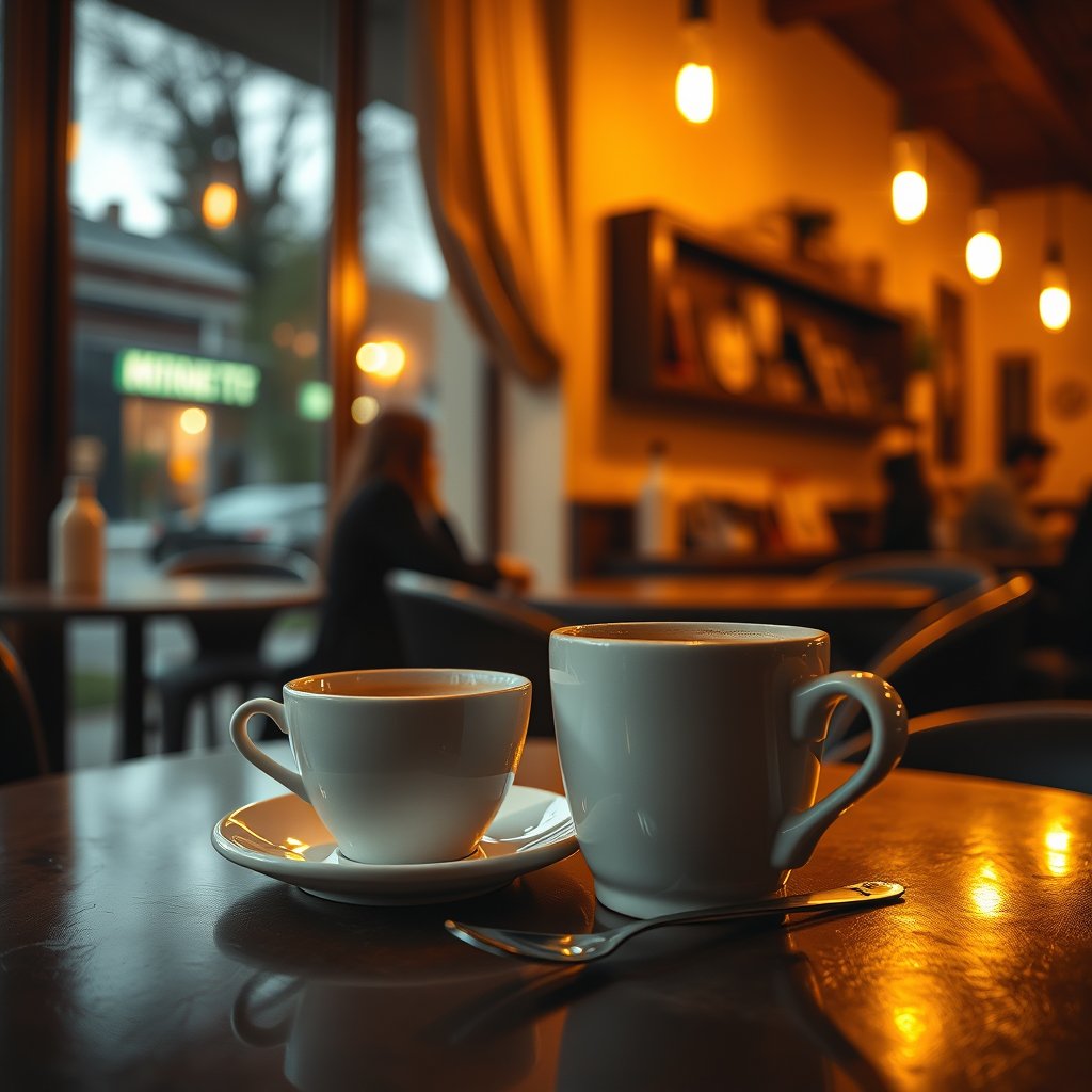 a coffee in a cafe photo, golden hour lighting, warm tones, atmospheric