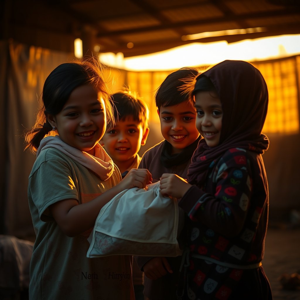 NGO support for children - donation, golden hour lighting, warm tones, atmospheric