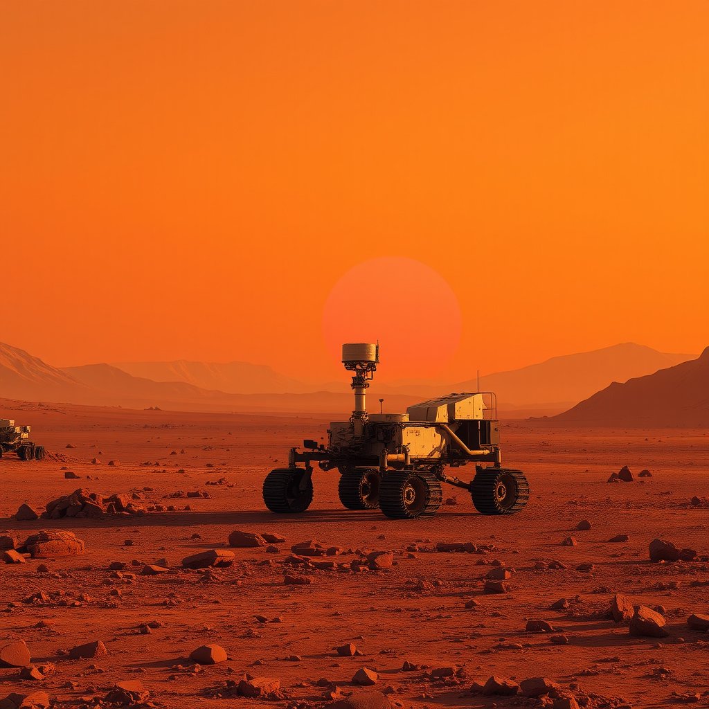 the surface of mars with a rover and red sky, golden hour lighting, warm tones, atmospheric