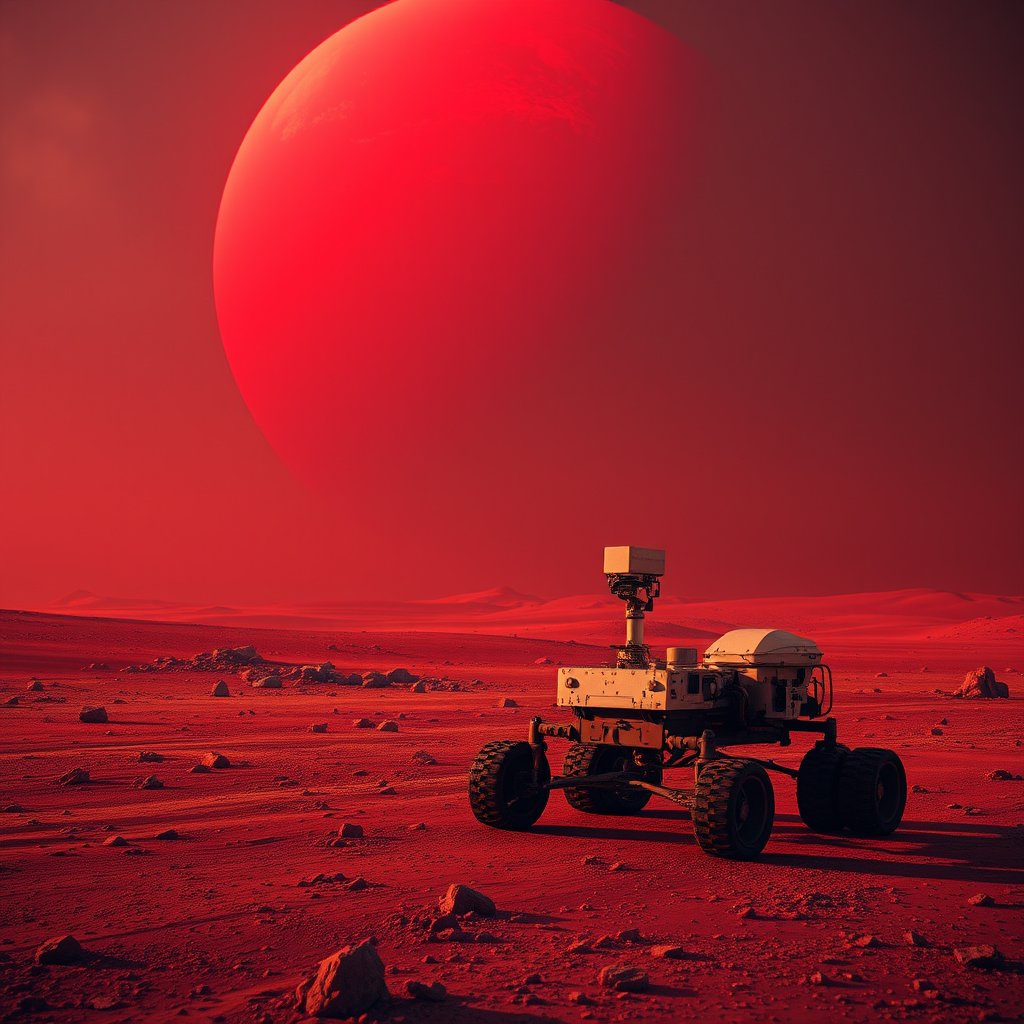 the surface of mars with a rover and red sky, cinematic lighting, vibrant colors, dramatic atmosphere