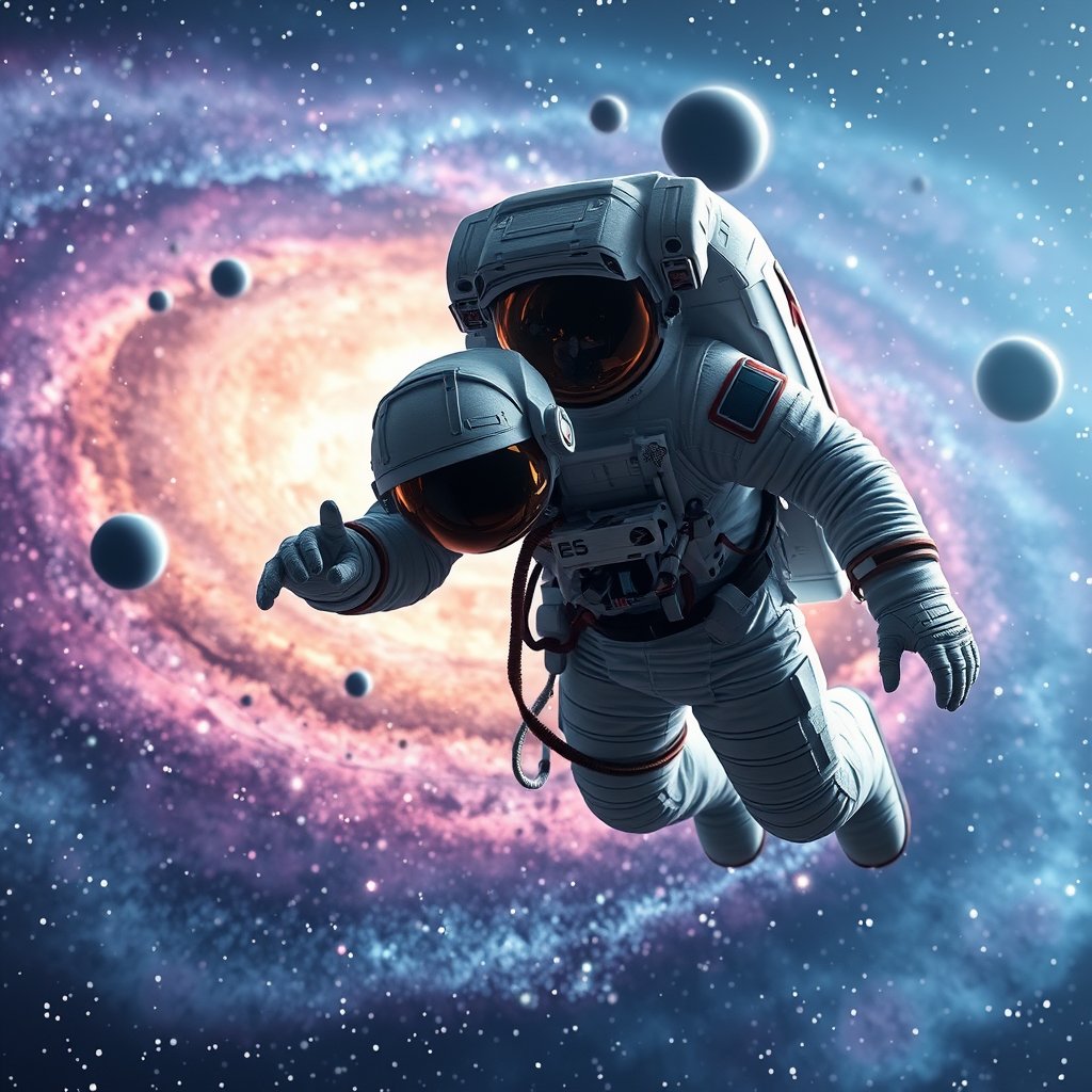 an astronaut floating in space with a galaxy behind, ultra realistic, crisp details, studio quality