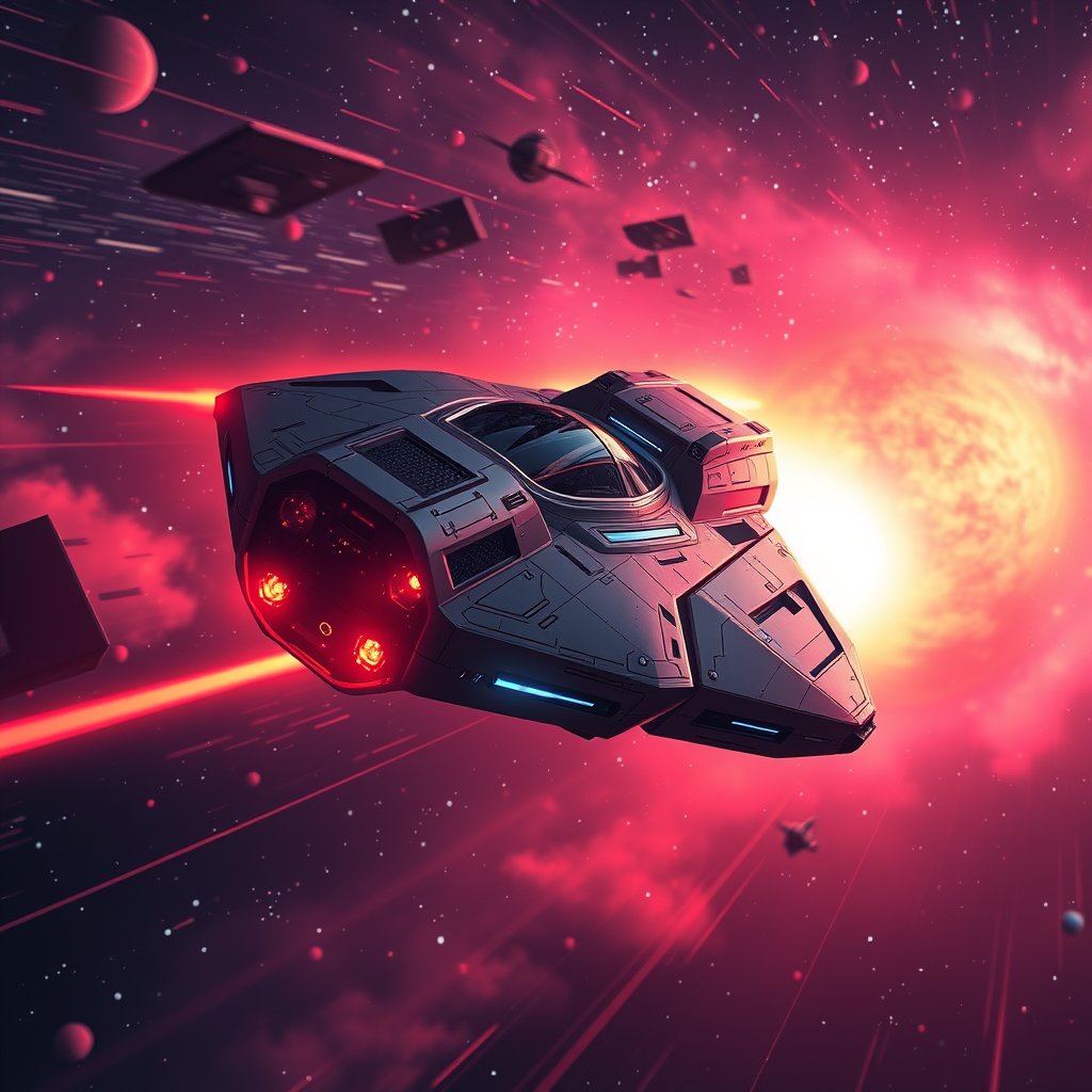 a futuristic spaceship traveling through stars, cinematic lighting, vibrant colors, dramatic atmosphere