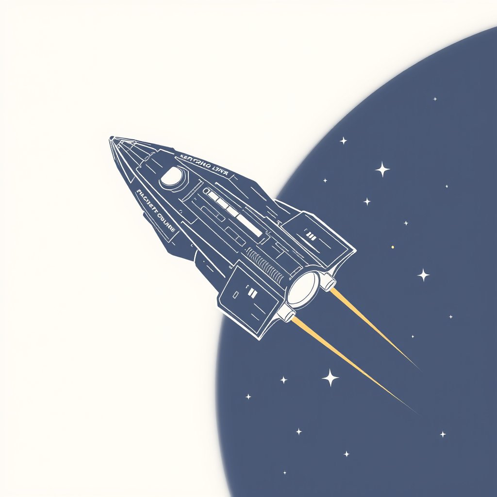a futuristic spaceship traveling through stars, minimalist composition, clean background, elegant
