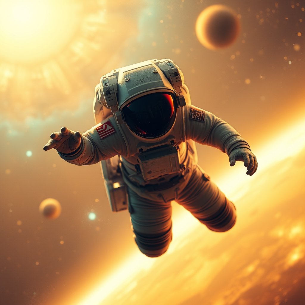 an astronaut floating in space with a galaxy behind, golden hour lighting, warm tones, atmospheric