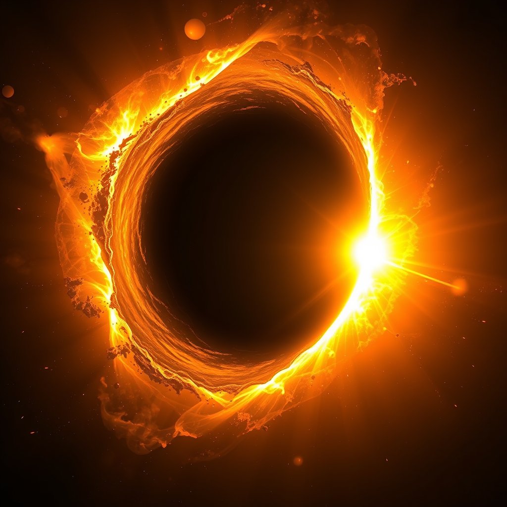 a black hole with a glowing accretion disk, golden hour lighting, warm tones, atmospheric