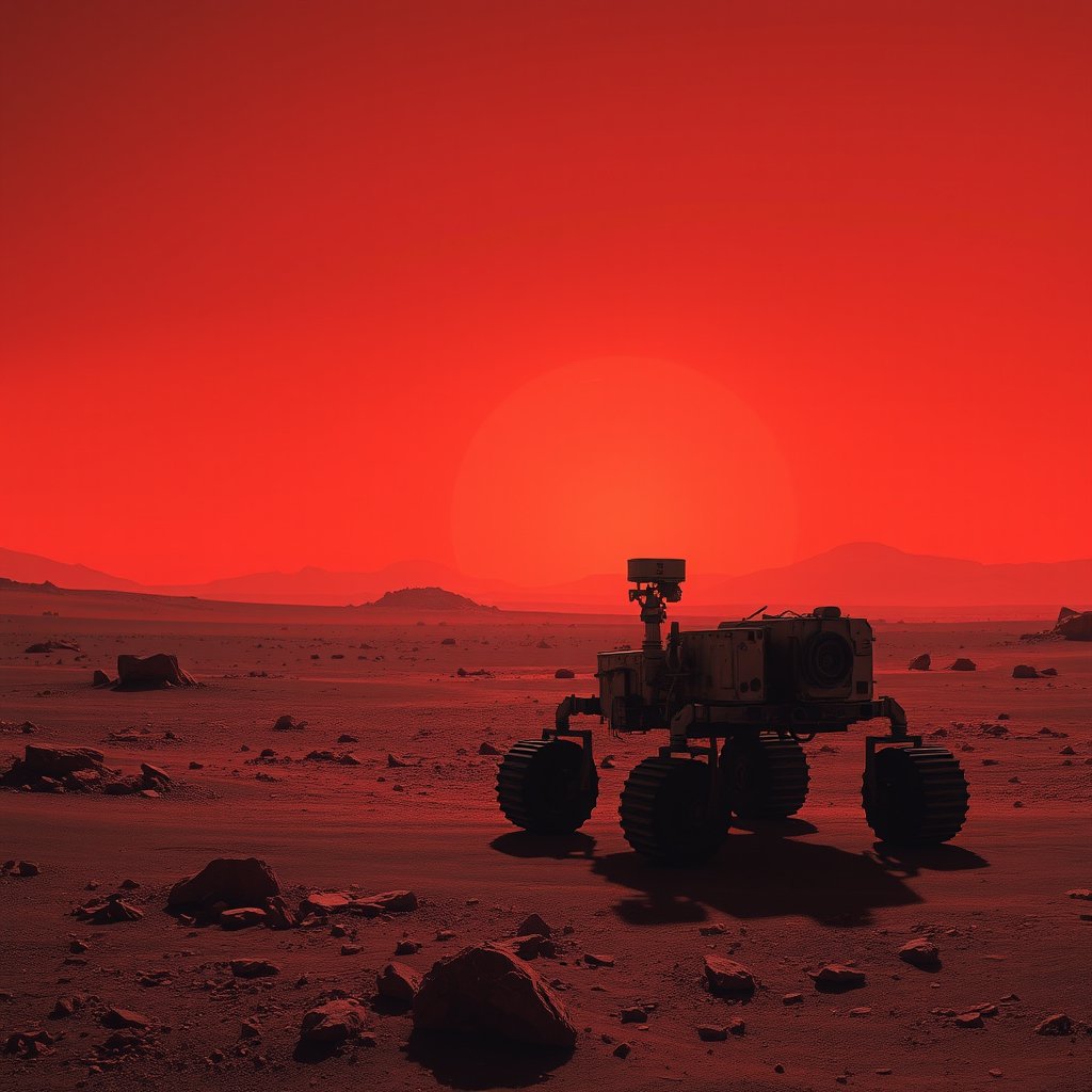 the surface of mars with a rover and red sky, cinematic lighting, vibrant colors, dramatic atmosphere