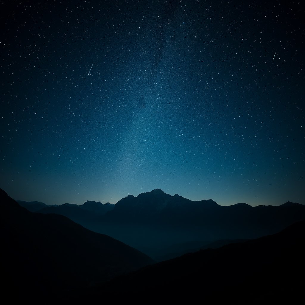 a meteor shower over a mountain landscape at night, moody lighting, high contrast, fine art photography