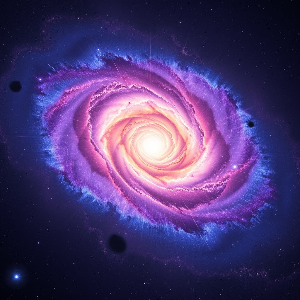 a spiral galaxy in vivid purple and blue colors, golden hour lighting, warm tones, atmospheric