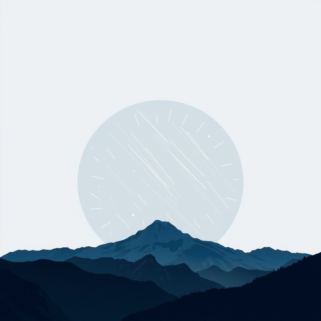 a meteor shower over a mountain landscape at night, minimalist composition, clean background, elegant