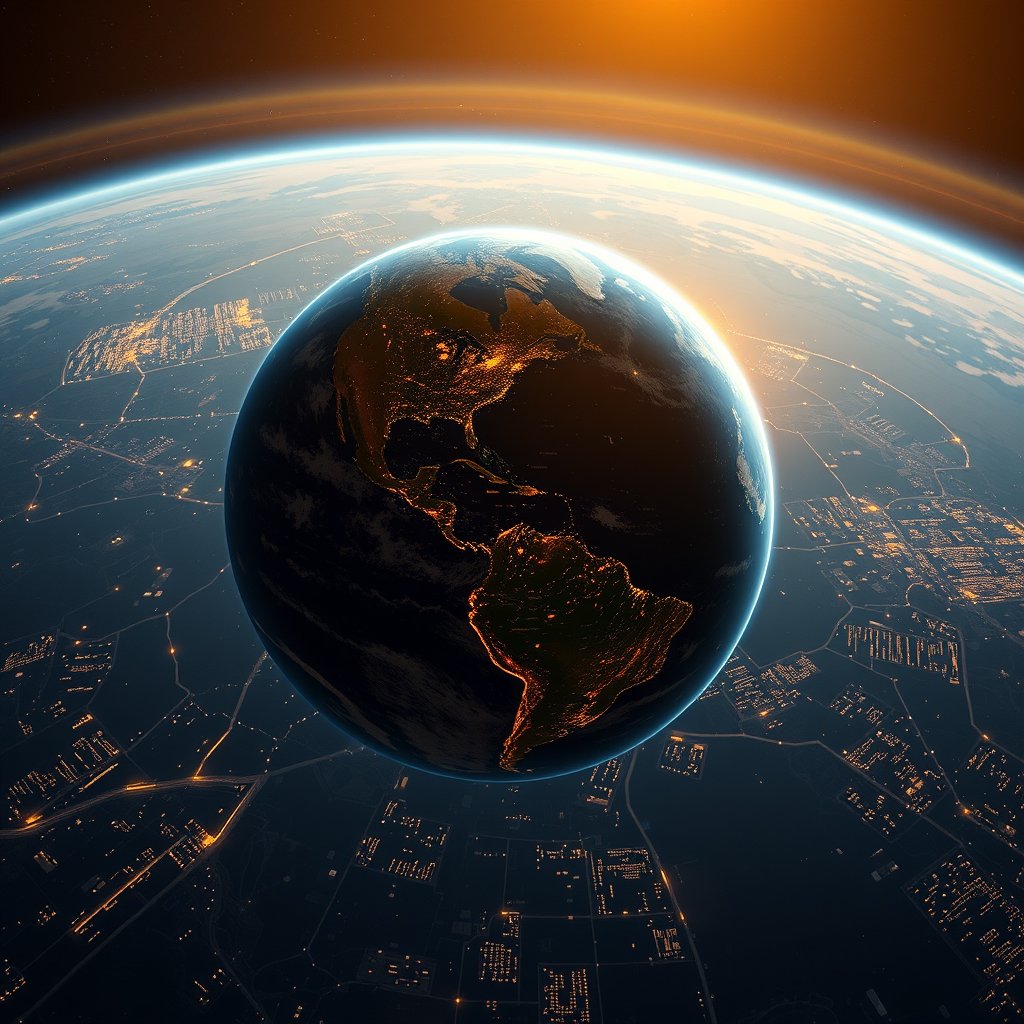 a realistic planet earth from orbit with city lights, golden hour lighting, warm tones, atmospheric, golden hour lighting, warm tones, atmospheric