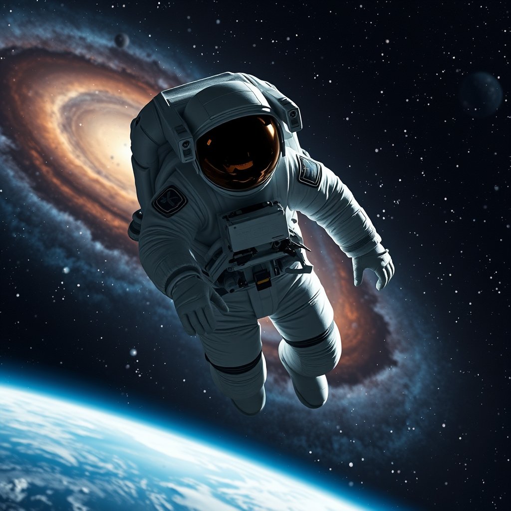 an astronaut floating in space with a galaxy behind, ultra realistic, crisp details, studio quality