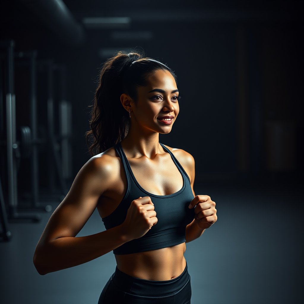 woman workout in a dark gym make her multicultural, minimalist composition, clean background, elegant