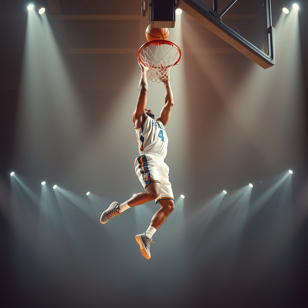 a basketball player dunking with dramatic lighting, bright and airy, pastel tones, dreamy aesthetic