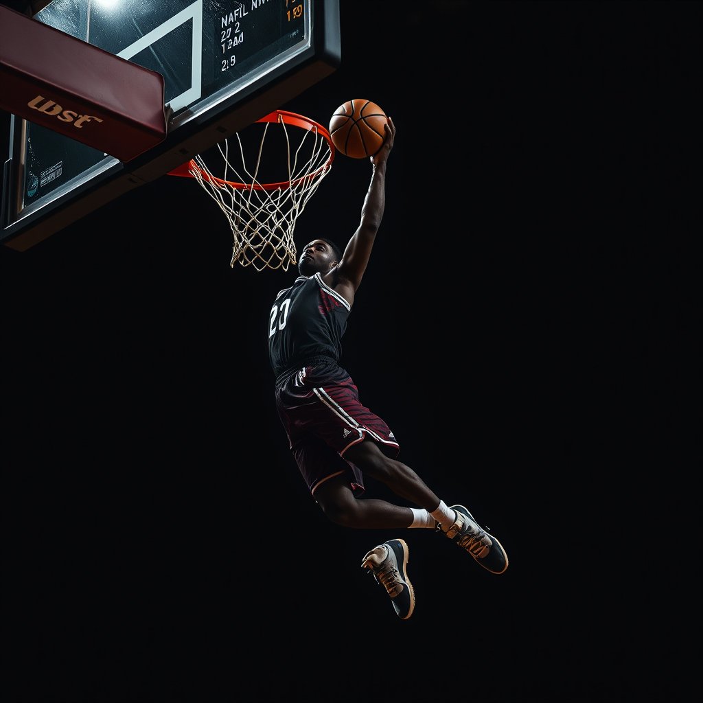 a basketball player dunking with dramatic lighting, moody lighting, high contrast, fine art photography