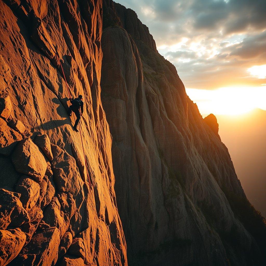 a rock climber scaling a steep cliff, golden hour lighting, warm tones, atmospheric