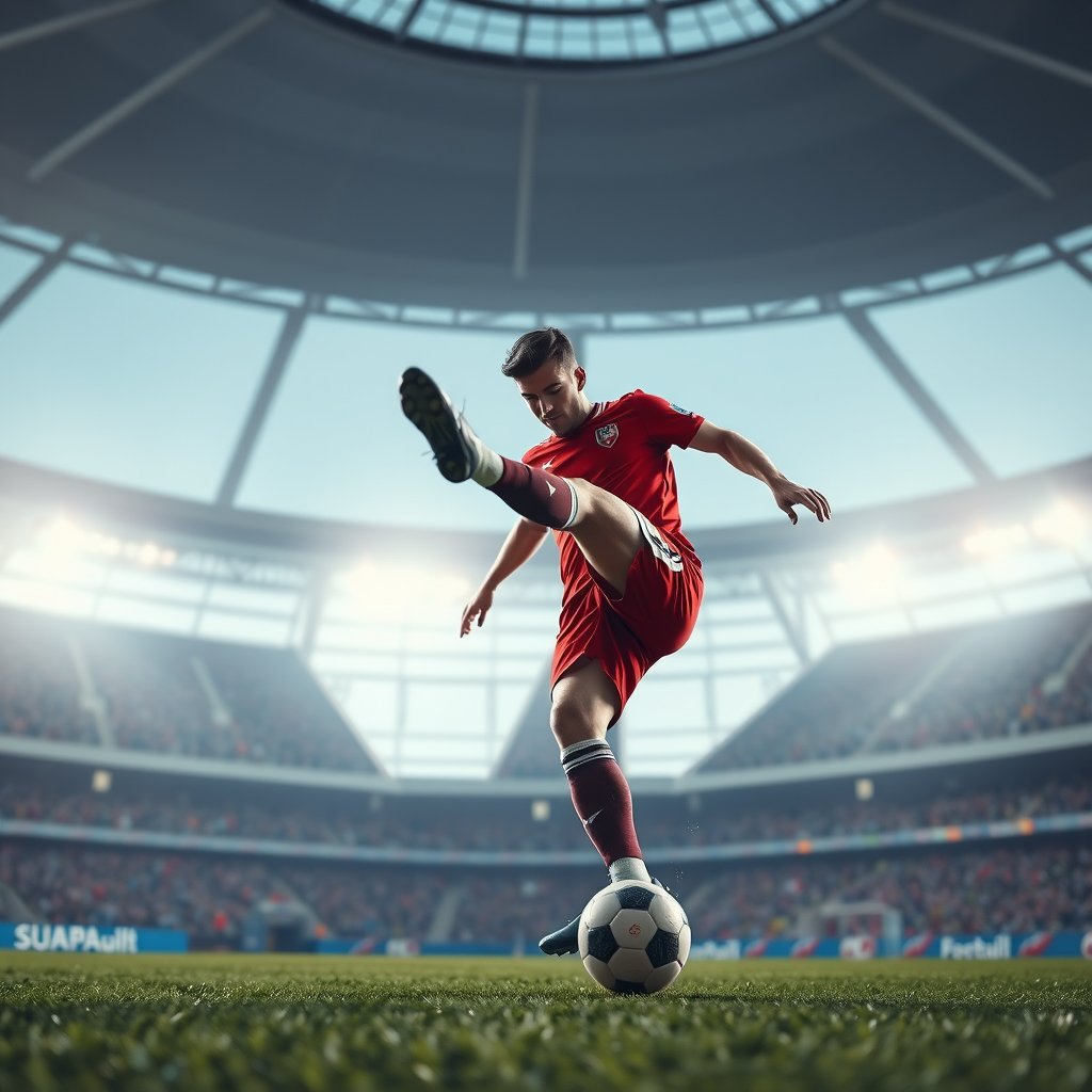 a soccer player kicking the ball in a stadium, ultra realistic, crisp details, studio quality