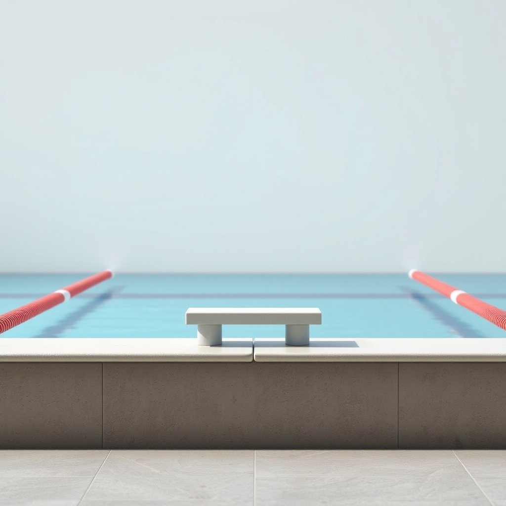 edge of a swimming pool with raised starting blocks, minimalist composition, clean background, elegant