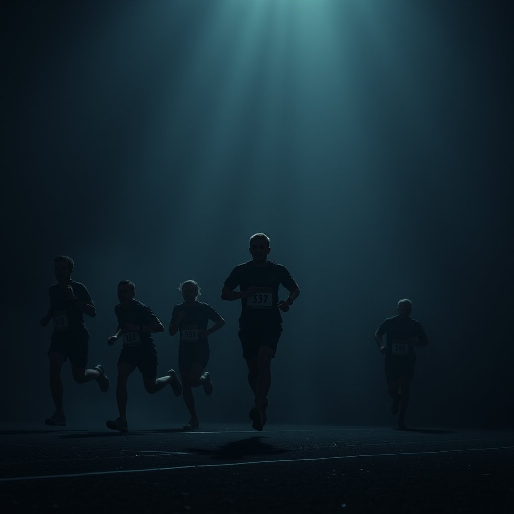 runners in a group.  Image should look realistic, moody lighting, high contrast, fine art photography
