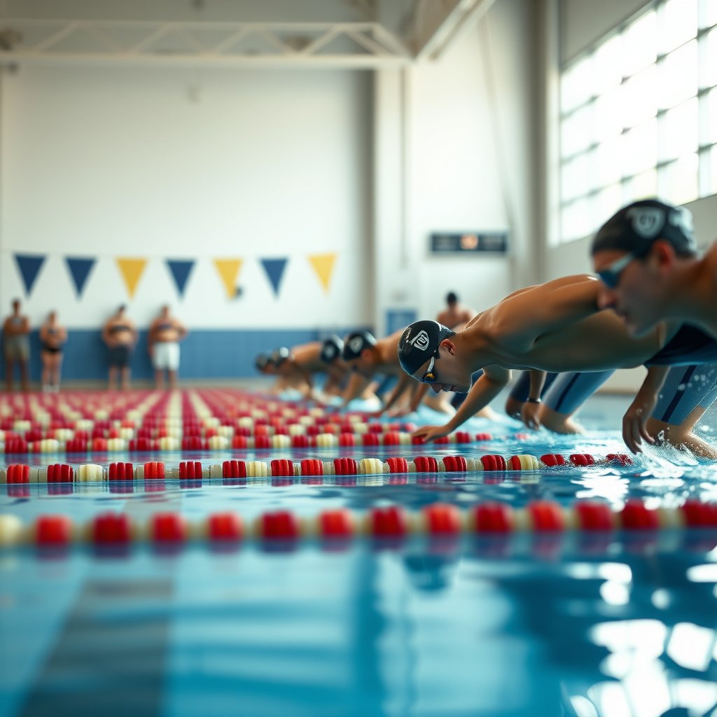 A swimming pool enviroment with squad members lined up readyto start a race from the staring blocks, soft natural light, shallow depth of field, bokeh