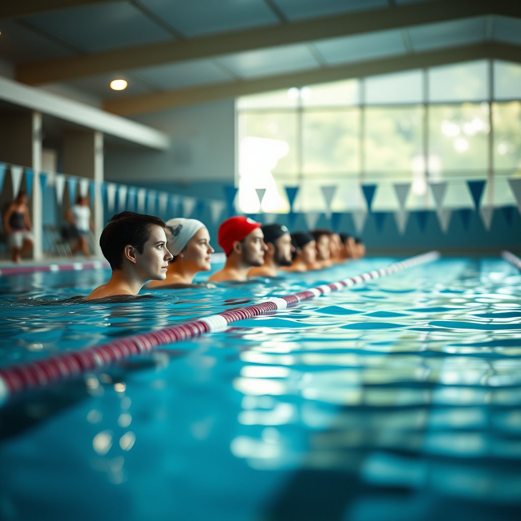 A swimming pool enviroment with squad members lined up, soft natural light, shallow depth of field, bokeh