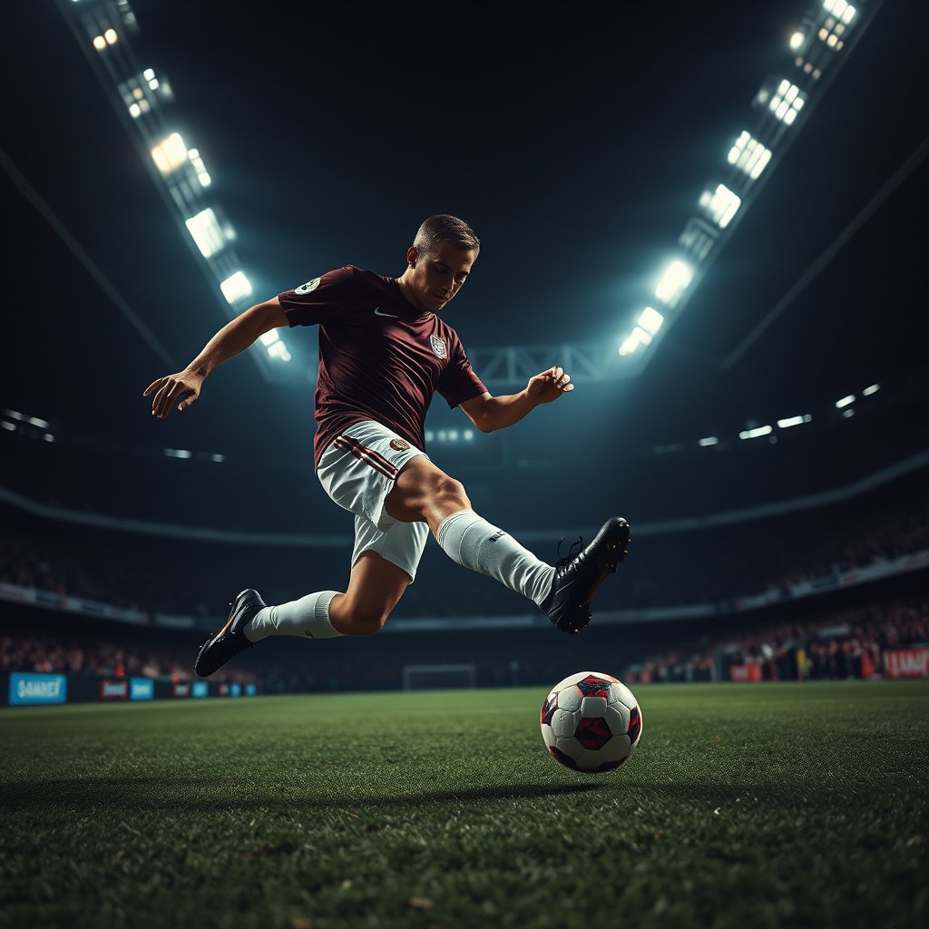 a soccer player kicking the ball in a stadium, moody lighting, high contrast, fine art photography
