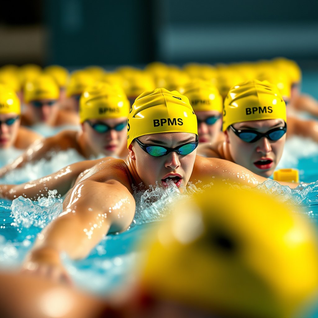 olympic swimmers in a race must all be wearing yellow caps with BPMS wording, ultra realistic, crisp details, studio quality