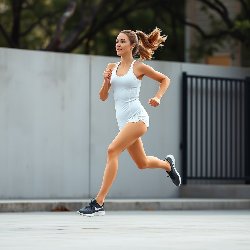 woman running outdoors, full body mid-stride, both arms swinging, both legs visible, photorealistic professional fitness photography, full body in frame, both arms and both legs clearly visible, anatomically correct proportions, natural human body, no missing or extra limbs, no deformed body parts, no artifacts, sharp focus, minimalist composition, clean background, elegant